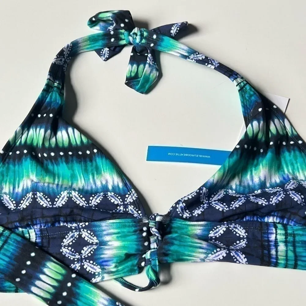 Bleu by Rod Beattie Lace-Up Halter Bikini Top Women's 14 Navy Blue padded swim